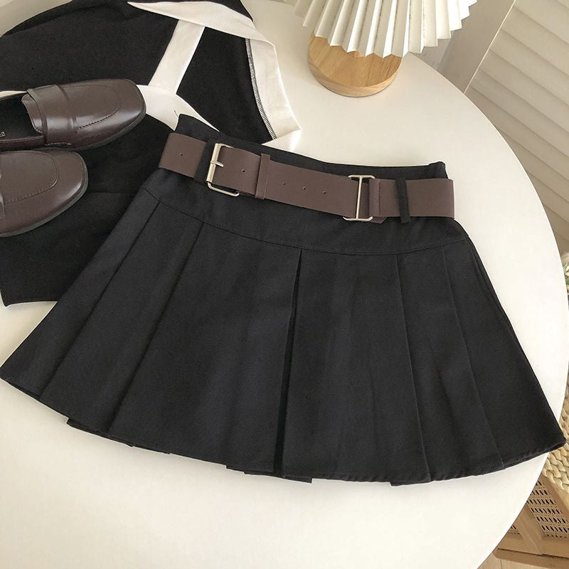 With belt high waist pleated skirt women's spring and summer 2025 new Korean version versatile anti-light khaki skirt