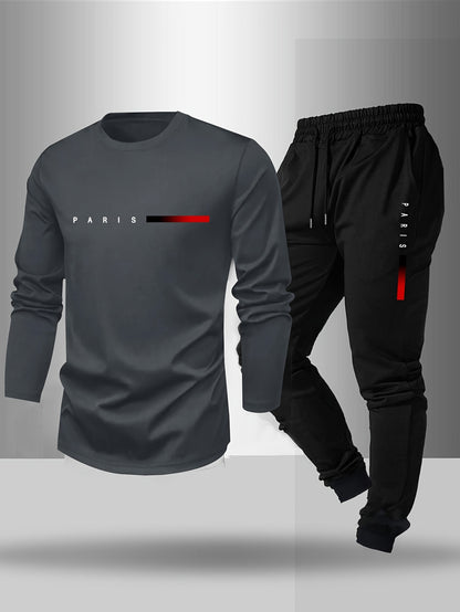 Men's Long Sleeve T-Shirt and Pants Set, Spring/Autumn 2-Piece Set with Paris Letter Print Crew Neck Long Sleeve T-Shirt + Drawstring Outdoor Casual Sports Pants Set 2-Piece