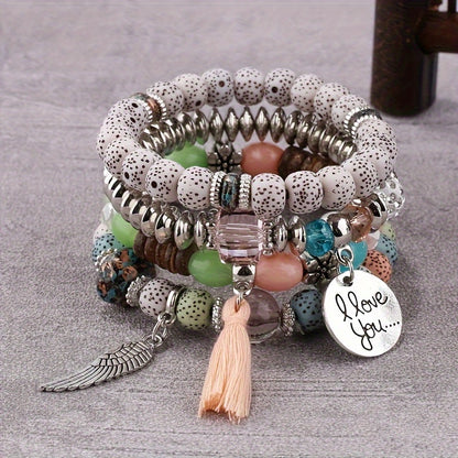 [4pcs Bohemian Bracelets] 4pcs Bohemian Winged Tassel Beaded Bracelets | Women's Fashion Jewelry, Versatile for Casual Attire and Perfect Holiday Gift