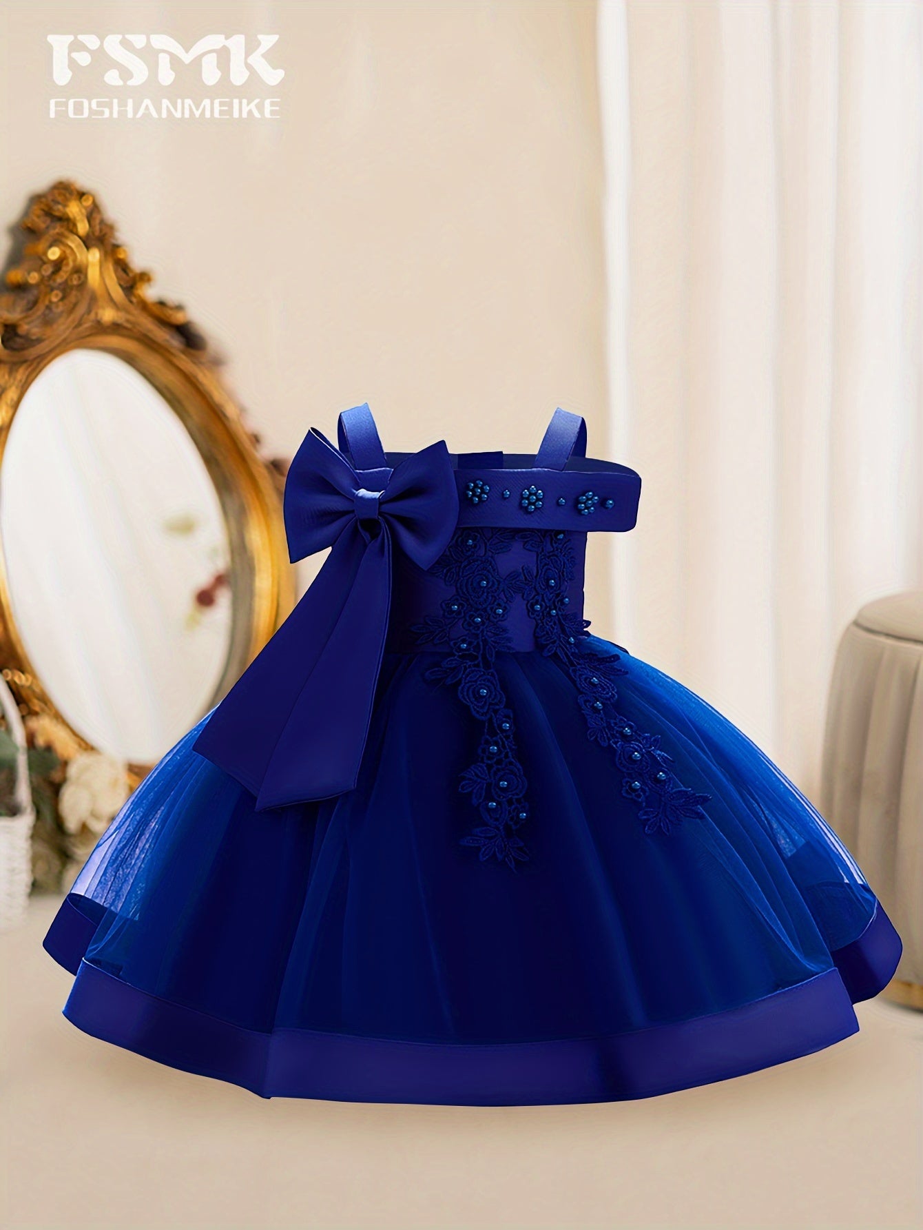 New Children'S First Birthday Baptism Dress Princess Dress Baby Girl Mesh Tutu Skirt Bow Dress Party Dress Off-The-Shoulder Embroidered Dress 1