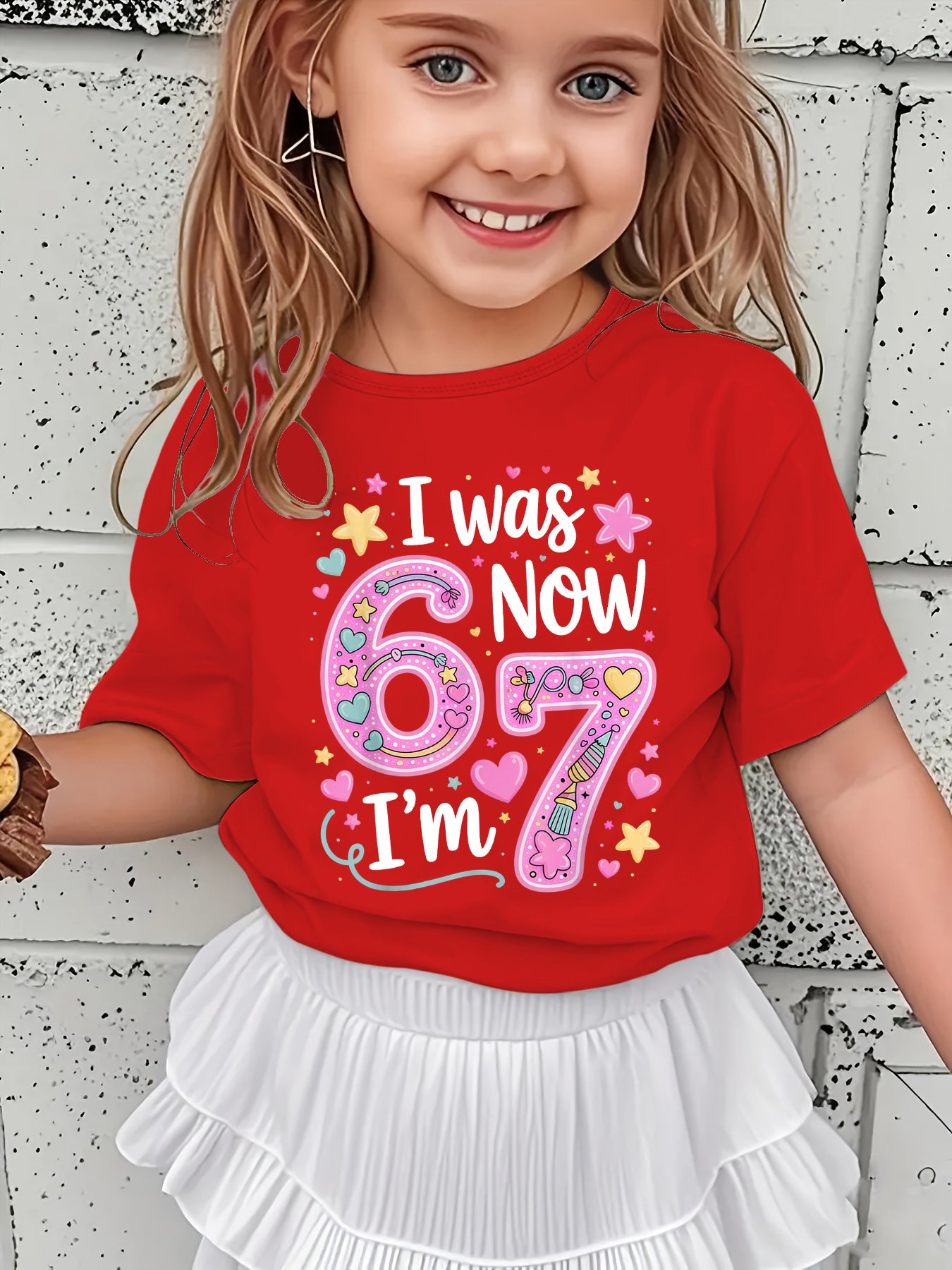 Girls' Summer Short Sleeve T-Shirt with "I WAS NOW" Lettering & Star/Heart Applique - Short Sleeve Round Neck Casual Blouse for, Casual Attire, Playdates & - Non- Summer Top NY-DX7704