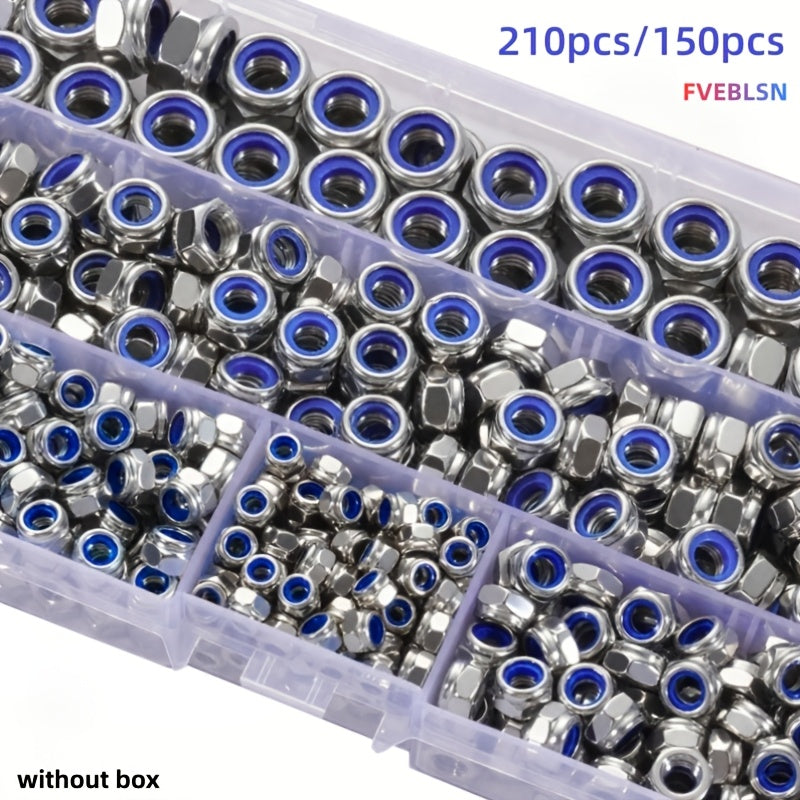 210-Pcs/150-Pcs Nylon Lock Nuts - Nylon Inserts, Full Thread, M3/M4/M5/M6/M8 Locking Design, Hex Screws, Durable Construction, for Industrial and Scientific Applications, Construction, Electrical Repair and Installation, Fasteners without box