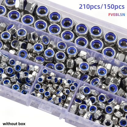 210-Pcs/150-Pcs Nylon Lock Nuts - Nylon Inserts, Full Thread, M3/M4/M5/M6/M8 Locking Design, Hex Screws, Durable Construction, for Industrial and Scientific Applications, Construction, Electrical Repair and Installation, Fasteners without box