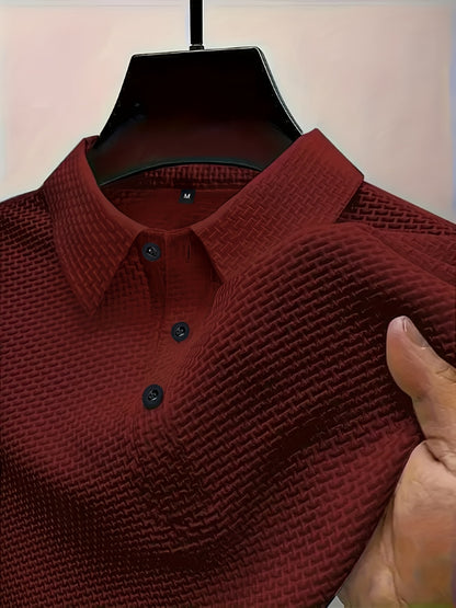 2024 New Ice Slicky Fiber Fabric Jacquard Casual Sports Top, Men's High-End Summer Solid Color Short-Sleeve T-Shirt for Golf, Fishing, Basketball, Camping, Gym Swimming and Beach Shirts with Turn Collar