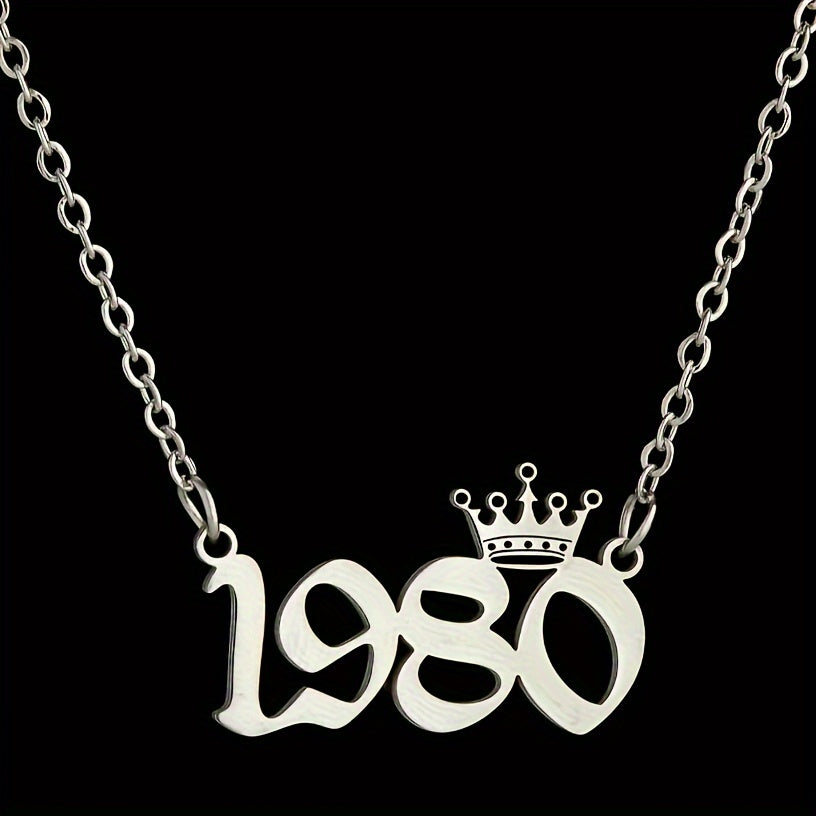 1 Elegant and Stylish Stainless Steel Polished Year Number Necklace, Unique Date Birthday Crown Pendant Necklace Gift for 1980-2024, Versatile Casual Attire Collarbone Chain Holiday Present