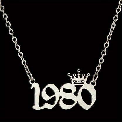 1 Elegant and Stylish Stainless Steel Polished Year Number Necklace, Unique Date Birthday Crown Pendant Necklace Gift for 1980-2024, Versatile Casual Attire Collarbone Chain Holiday Present