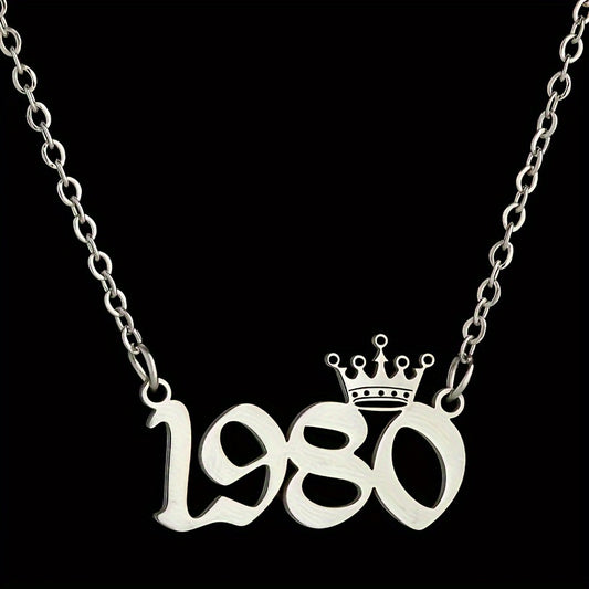 1 Elegant and Stylish Stainless Steel Polished Year Number Necklace, Unique Date Birthday Crown Pendant Necklace Gift for 1980-2024, Versatile Casual Attire Collarbone Chain Holiday Present