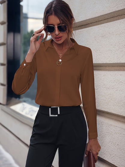 Elegant Long Sleeve Blouse with Pearl Button Details - Slim Fit, Versatile Solid Color Shirt for Women, Perfect for Casual or Office Wear
