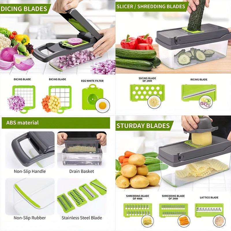 12/16pcs Multi-function Vegetable Cutter Dicer Slicer | Manual Operation, Stainless Steel Blades, Rectangle Shape, Plastic Body, Brand RZSYZH