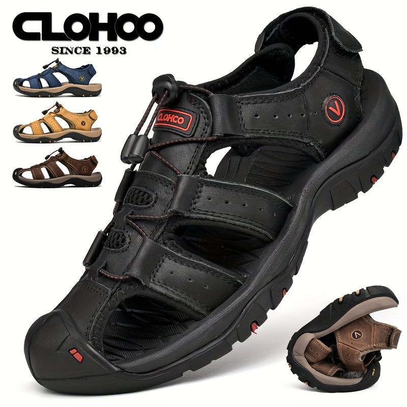 CLOHOO Brand Cowhide Rubber Thick Sole Handmade Casual Closed-Toe Men's Sandals