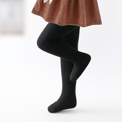 A Pair of Girls' Spring And Autumn Leggings for Infants And Children, Featuring Solid Color Ribbed Striped Tights, Knitted Leggings That Go Well with Dresses, Stylish And Versatile