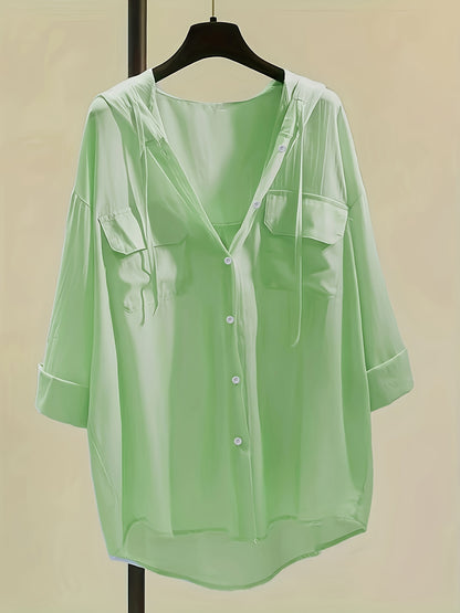 Solid Pocket Button Hooded Blouse, Casual Drawstring Blouse For Spring & Summer, Women's Clothing