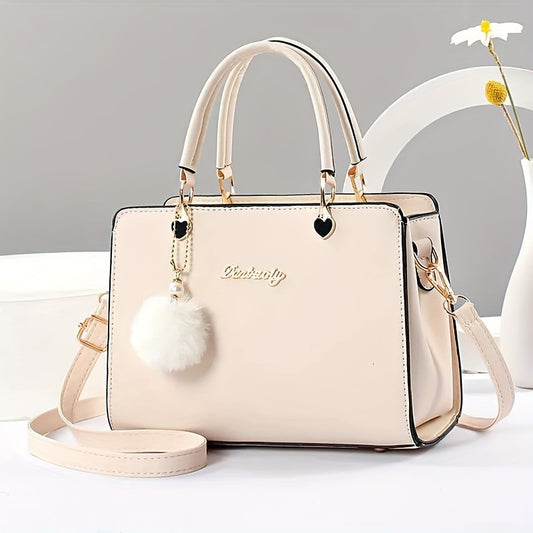 [Women's Stylish Handbag] Stylish Solid Color Handbag for Women - Multiple Compartments with Pom-Pom Decorations - Perfect for Office Dates