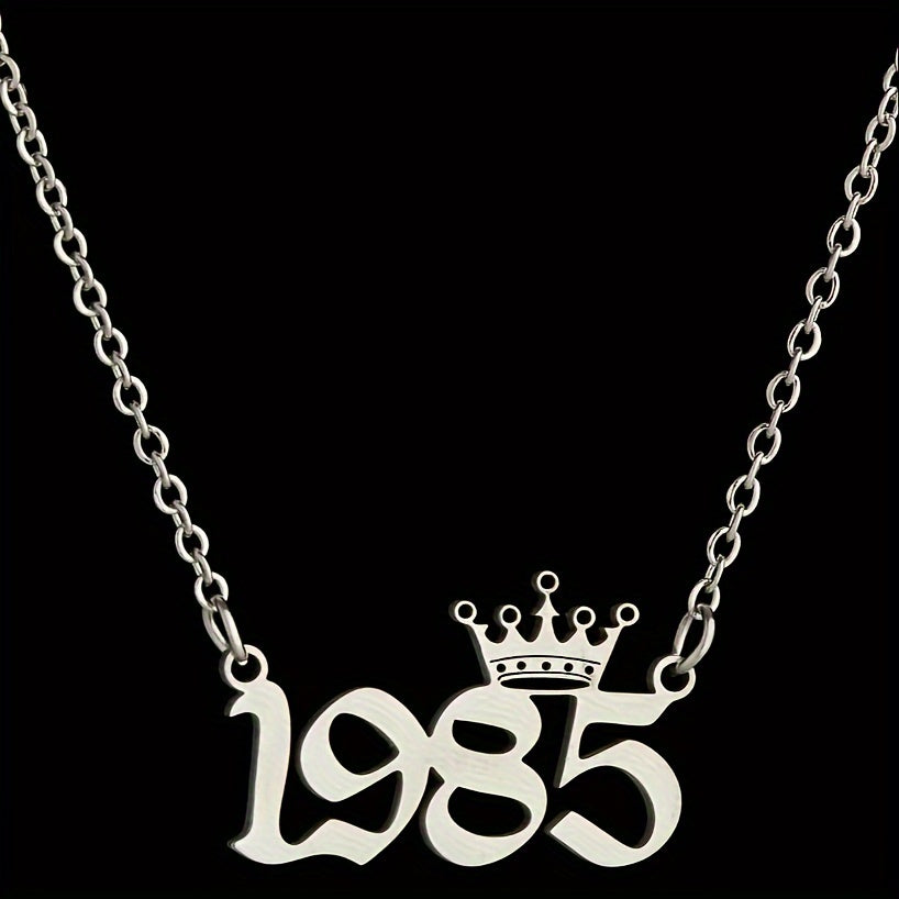 1 Elegant and Stylish Stainless Steel Polished Year Number Necklace, Unique Date Birthday Crown Pendant Necklace Gift for 1980-2024, Versatile Casual Attire Collarbone Chain Holiday Present