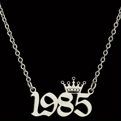 1 Elegant and Stylish Stainless Steel Polished Year Number Necklace, Unique Date Birthday Crown Pendant Necklace Gift for 1980-2024, Versatile Casual Attire Collarbone Chain Holiday Present