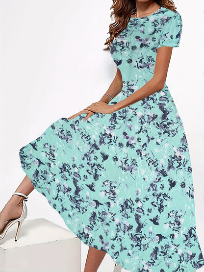 Blossoming Floral Print Dress - Comfortable Crew Neck, Stylish Short Sleeves - Perfect for Spring & Summer - Fashionable Womens Clothing