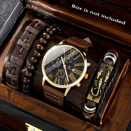 [Men's Brown Analog Watch Set] 4pcs/SET Men's Brown Analog Watch & Matching Bracelet Set - Analog Display with Calendar, Quartz Movement, Matching Bracelet - Stylish Gift for Him Suitable for Birthdays,, Special Events