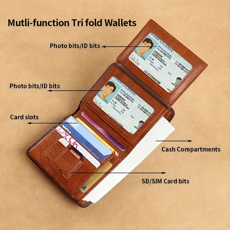 [RFID Wallet] A Men's Genuine Leather RFID Blocking Wallet - Ultra-Thin Foldable Design, Featuring 2 ID Card Slots, Large Capacity for Cash And Cards, Gold-Tone Hardware, And Anti-Theft Design