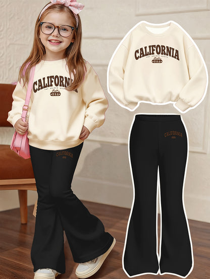 California Letter Print Casual Set, Including a Loose-fit Sweatshirt and Flared Pants, a 2pcs Set Suitable for Children Aged 4-13, Comfortable Autumn and Winter Clothing for Daily Wear and Casual Play. Suitable for Daily and Party Outfits, a 2pcs Set