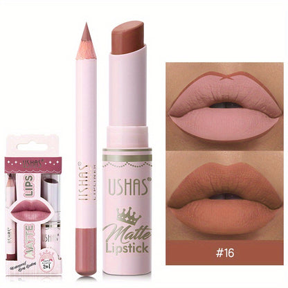 24 Hour Waterproof Velvet Matte Lipstick + Lip Liner - Nonstick Cup Lipgloss Lip Stain Pigmented Lip Makeup - Golden Box Nude Lipstick Valentine's Day Gifts