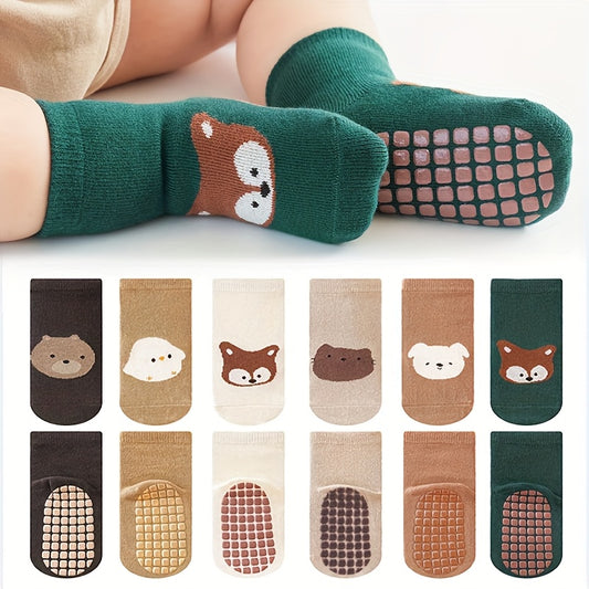 6 Pairs Boys & Girls Socks with Cute Fox & Bear Animal Patterns - Non-Slip Floor Socks Suitable for,, Crawlers - - Wear, /Off, & Machine Washable ()