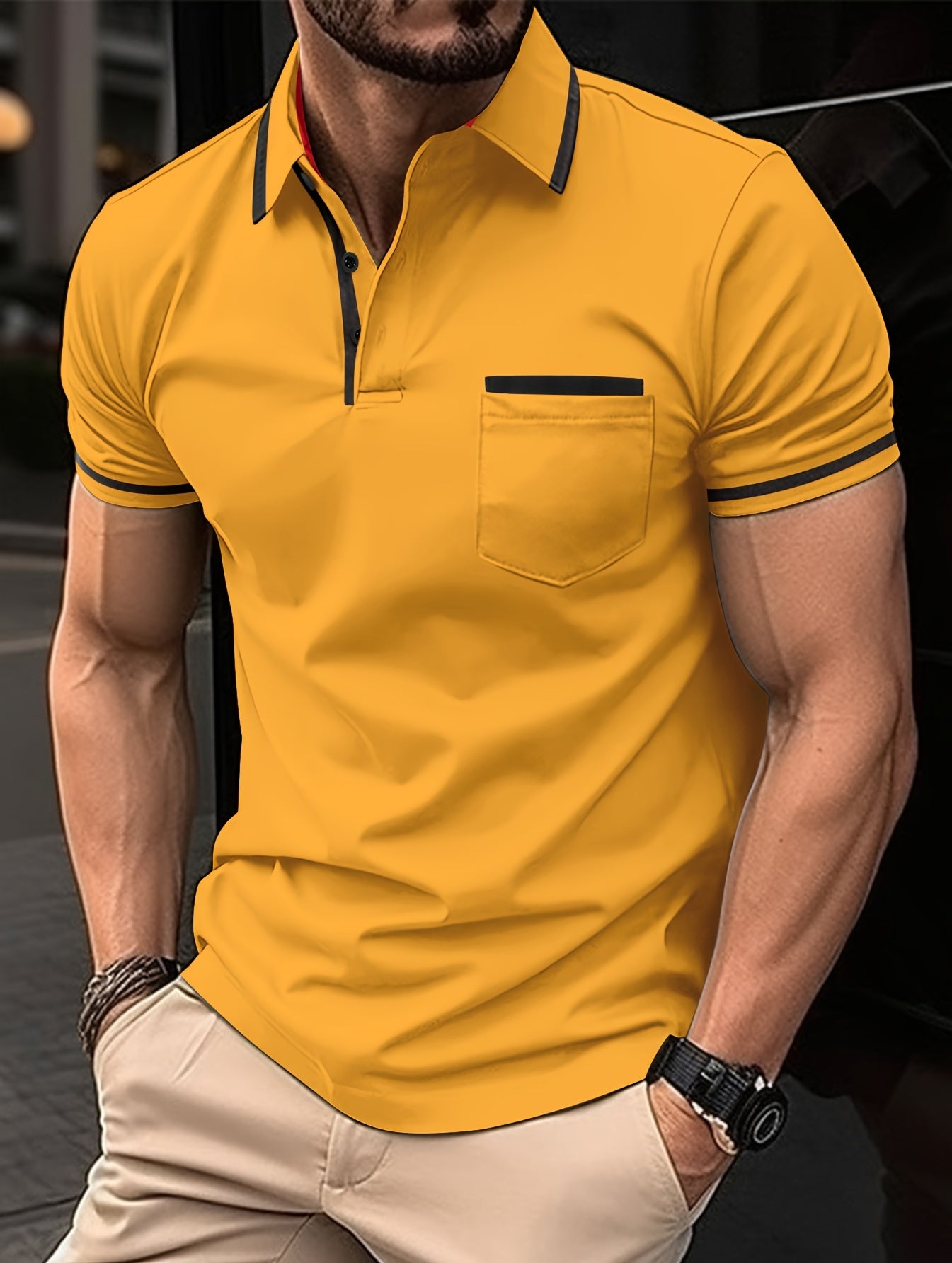2023 New Solid Color Contrast Polo Short-Sleeve Top