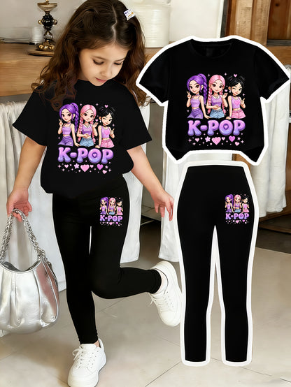 Girls' Sweet Cool K-POP Girl Group Set: Short Sleeve T-Shirt + Black Tight Pants. Skin-friendly Children's Clothing Featuring Vibrant K-POP Girl Group Cartoon Prints and "K-POP" Slogans. Sweet and Cool Korean Style with Matching Elements on Top and
