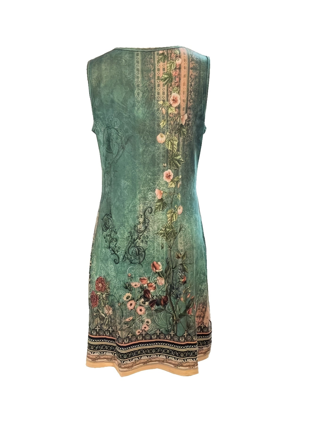 [Elegant Maxi Dress] Elegant Floral Print Women's Maxi Dress | Teal Green & Beige Vneck Design, Form-Fitting Top & Flowy Hem, Machine Washable, Stretchy Fabric, Party/Office/Casual Outfit for Spring/Summer/Fall