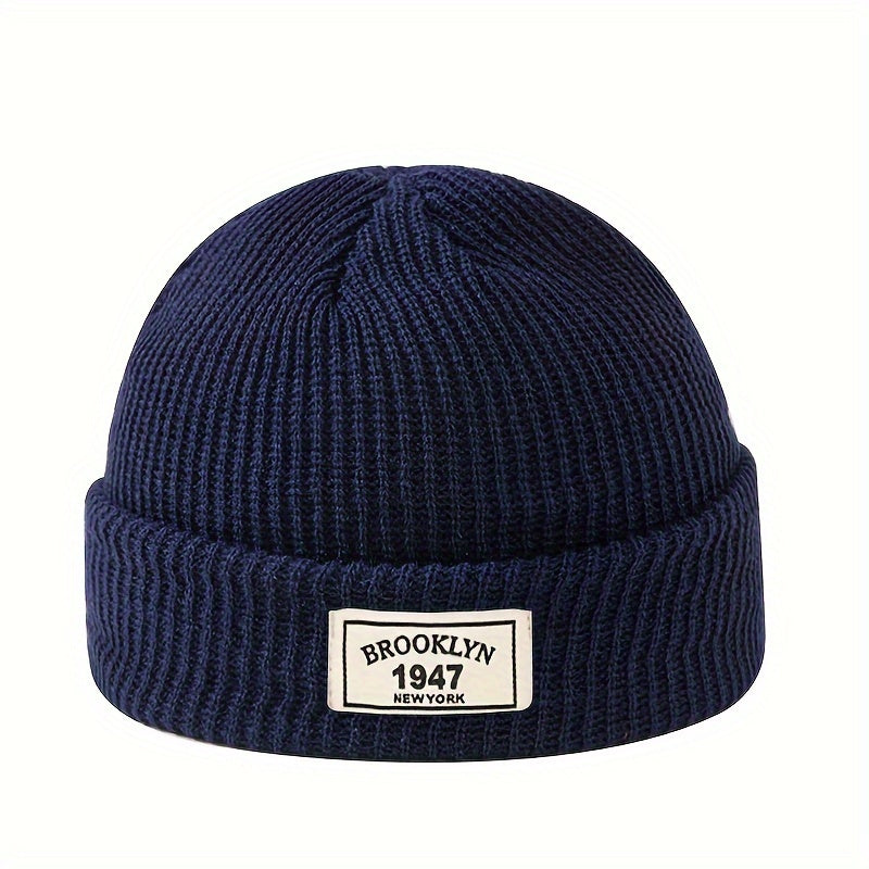 MAKEFGE Men's Fashion Knitted Beanie - Warm, Elastic Acrylic Winter Hat with Letter Patch, Ideal for Active Leisure, Holiday Gifts and Valentine's Day