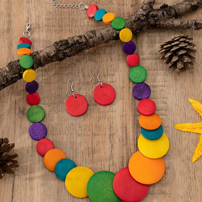 [Bohemian Jewelry] Colorful Bohemian Three-Piece Wooden Necklace and Earrings Jewelry Set for Women