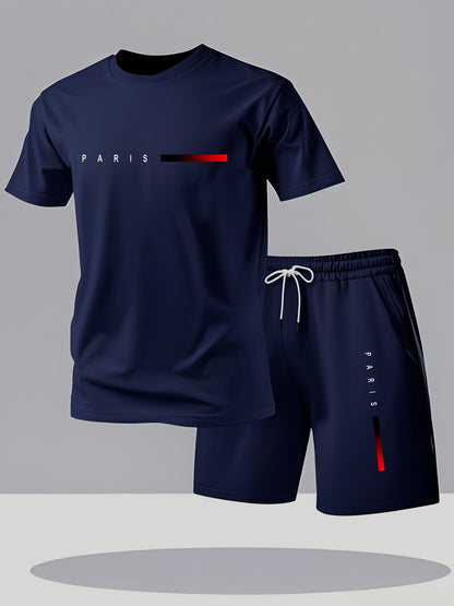Men's fashion gradient letter print Men's two-piece set: round-neck short-sleeved T-shirt and drawstring shorts summer casual sportswear