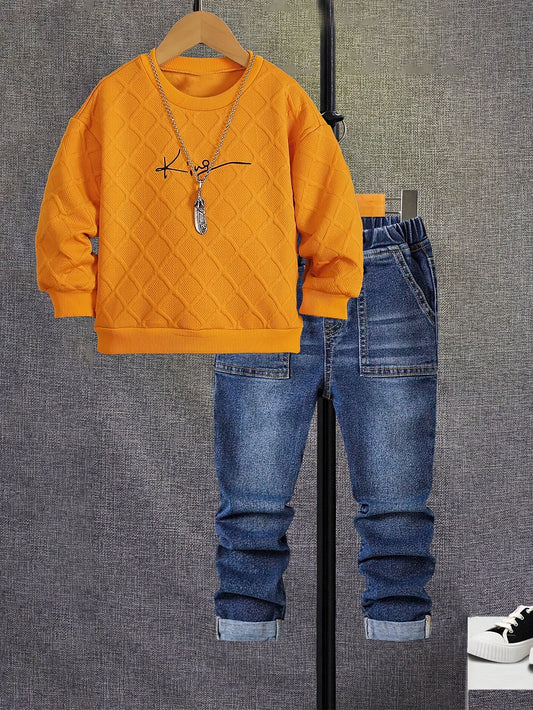 Boys' Long Sleeve Orange Crew Neck Sweatshirt with English Print Pullover and Casual Jeans Set, New Autumn Outfit Two-Piece, Perfect for Outdoor