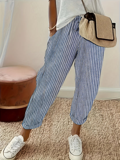 Women's Striped Wide-Leg Casual Pants - High-Waisted, Lightweight Polyester, Machine Washable, All-Season Comfort with Side Stripe Detail