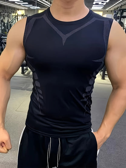 High Stretch Men's Compression Tank Top, Geometric Print Skinny Fit Sports Vest, Moisture Wicking And Quick Dry Active Top For Training, Basketball And Fitness Wear