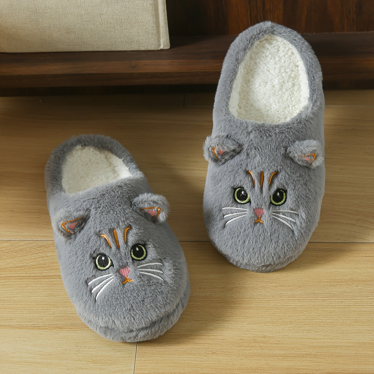 Cute Kawaii Cartoon Big-Eyed Cat Ears Winter Plush Slippers, Soft-Soled Plush Thin-Sole Soft Indoor House Shoes, Women Shoes