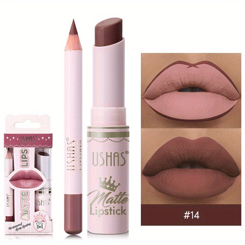 24 Hour Waterproof Velvet Matte Lipstick + Lip Liner - Nonstick Cup Lipgloss Lip Stain Pigmented Lip Makeup - Golden Box Nude Lipstick Valentine's Day Gifts
