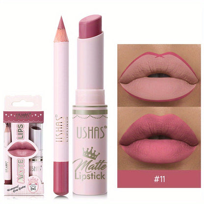 24 Hour Waterproof Velvet Matte Lipstick + Lip Liner - Nonstick Cup Lipgloss Lip Stain Pigmented Lip Makeup - Golden Box Nude Lipstick Valentine's Day Gifts
