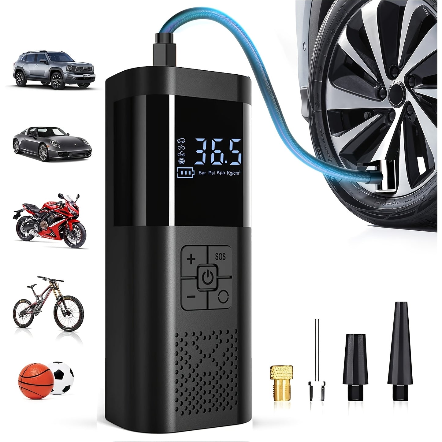 [Portable Tire Inflator] Portable Tire Inflator 150PSI | Digital Display, LED Lighting, Triple Speed, Wireless, USB Charging, Suitable for Cars, Motorcycles, Bicycles, Sports Balls
