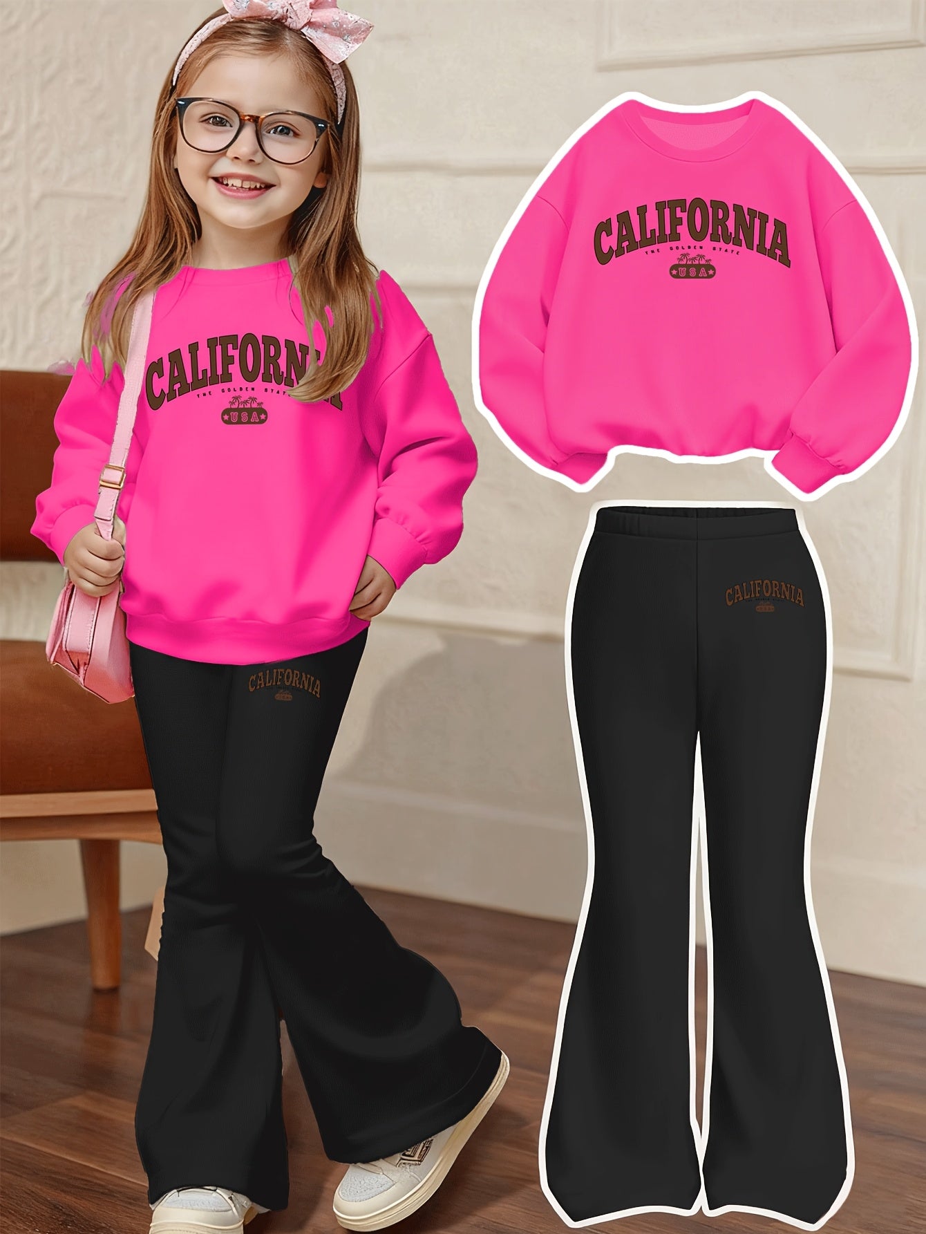 California Letter Print Casual Set, Including a Loose-fit Sweatshirt and Flared Pants, a 2pcs Set Suitable for Children Aged 4-13, Comfortable Autumn and Winter Clothing for Daily Wear and Casual Play. Suitable for Daily and Party Outfits, a 2pcs Set
