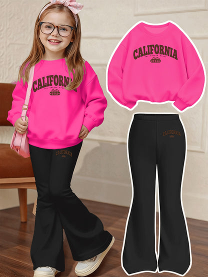 California Letter Print Casual Set, Including a Loose-fit Sweatshirt and Flared Pants, a 2pcs Set Suitable for Children Aged 4-13, Comfortable Autumn and Winter Clothing for Daily Wear and Casual Play. Suitable for Daily and Party Outfits, a 2pcs Set