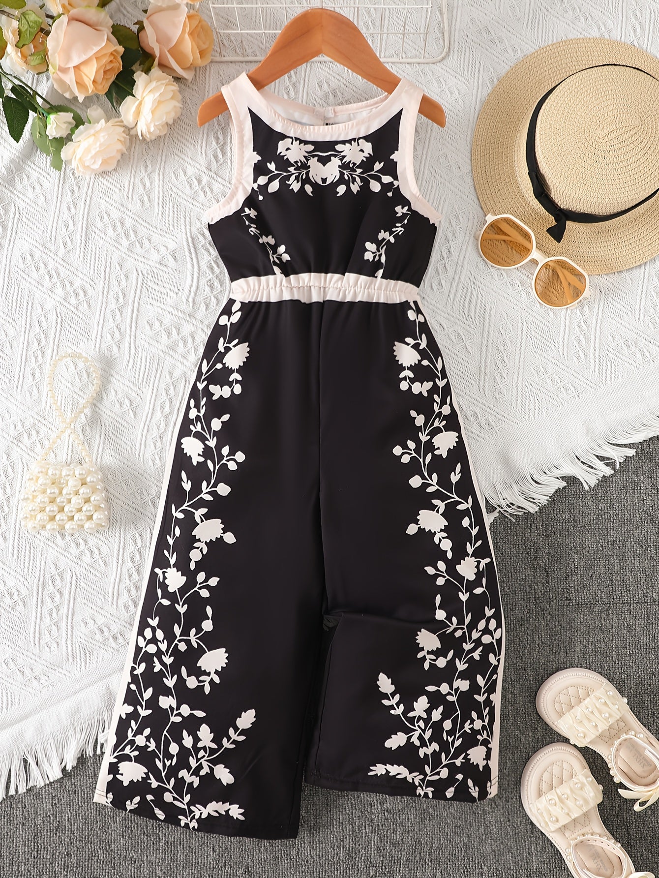 Girls' Summer Casual Fashion Sleeveless Elastic Waist Jumpsuit with Floral Digital Print, Back Button Closure, Wide-Leg Pants for Leisure and Vacation, Gift, Perfect for Outdoor
