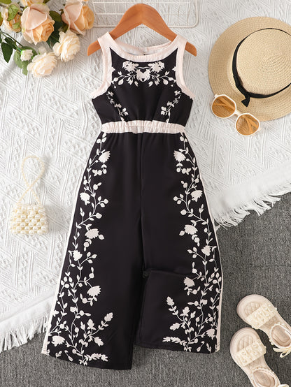 Girls' Summer Casual Fashion Sleeveless Elastic Waist Jumpsuit with Floral Digital Print, Back Button Closure, Wide-Leg Pants for Leisure and Vacation, Gift, Perfect for Outdoor