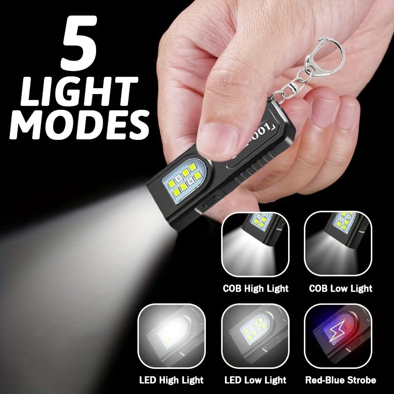 1pc Portable USB Charging Handsfree Flashlight | Mini Keychain Lamp with Bottom Magnetic, Pen Clip Design Headlight, 5 Light Modes, Multi Functional Emergency Lantern, Hanging Tent Light, for Travel, Camping, Fishing