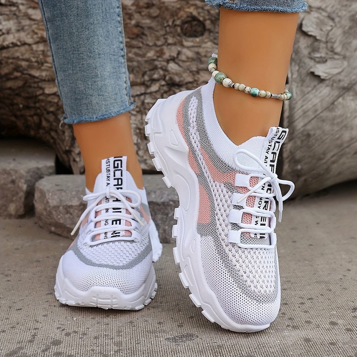 Women'S Color-Blocked Casual Sneakers, Breathable Lace-Up Running Shoes with Flying Woven Design, Stylish Mesh Platform Casual Footwear., Women Shoes