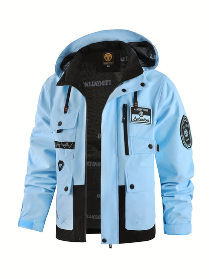 Men's Spring Autumn New Hooded Thin Jacket Men's Outdoor Warm Storm Jacket Men's Casual Multi-Pocket Cargo Jacket Men's Hat Detachable Zipper Jacket Men's Color Insertion Jacket
