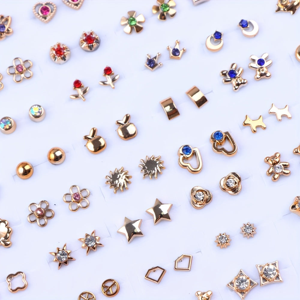 36 Pairs/Bag of Stylish Rhinestone Geometric Small Stud Earrings for Women, Featuring a Trendy Mini Flower And Heart Mixed Design, Perfect As Party Gifts