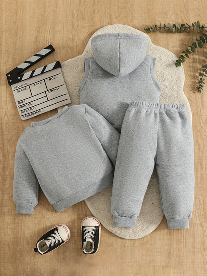 3pcs Set - Long-Sleeve Pullover Top for Babies in Autumn And Winter + Elastic Waist Long Pants + Vest - Street Style with "Calvin" Letter Print, Suitable for Outdoor Wear And Casual Outfits in The Fall And Winter