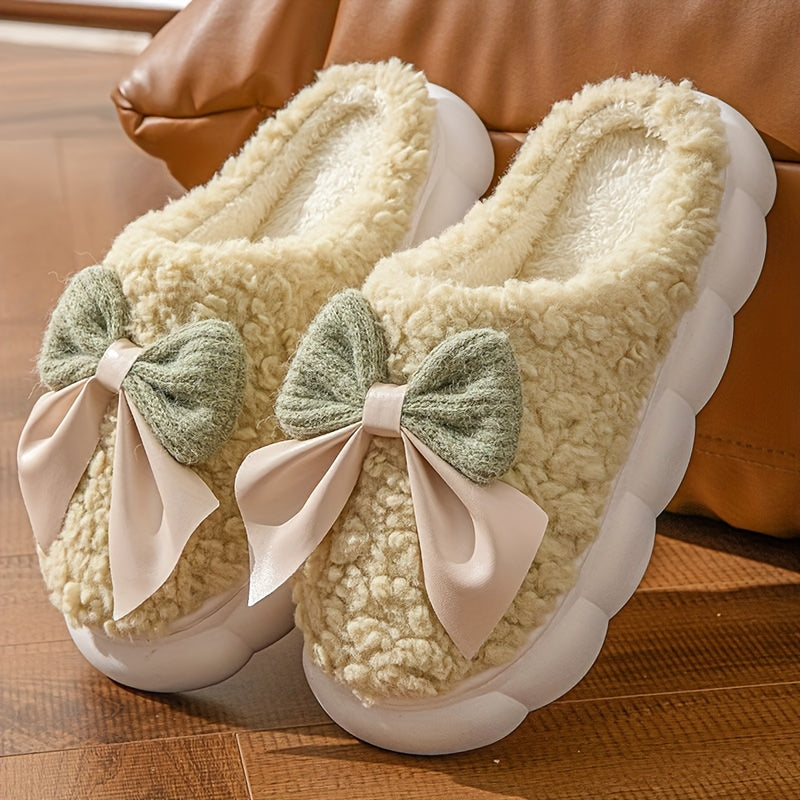 Women'S Cozy Fleece Slippers with Bow Detail - Thick Warm Indoor House Shoes, Soft Fabric Upper & PVC Sole, Cute Bow Design for Home Comfort, Winter Slippers | Playful Design | Plush Interior Lining, Women Slipper, Slipper For Woman, Maternity Slipper