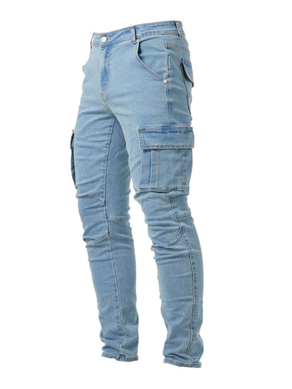 Men'S Slim-Fit Jeans with Multiple Pockets - High-Stretch, Washed, Solid Color, Street Style, All-Season Wear, Casual & Comfortable, Casual Wear | Street Style Jeans | Stretchy Fabric