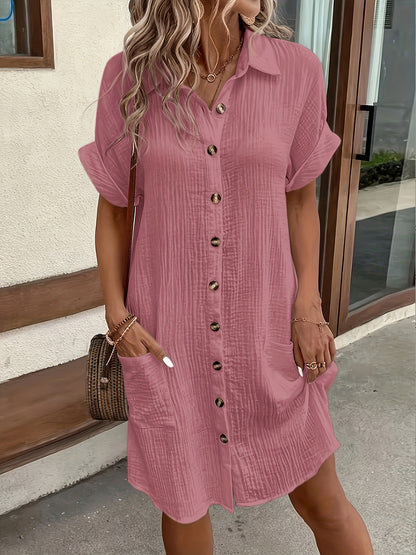 [White Shirt Dress] A Minimalist White Shirt Dress Made of Breathable, Featuring a Sharp Collar Design And Neatly Arranged Buttons That Add a Touch of Vintage Charm